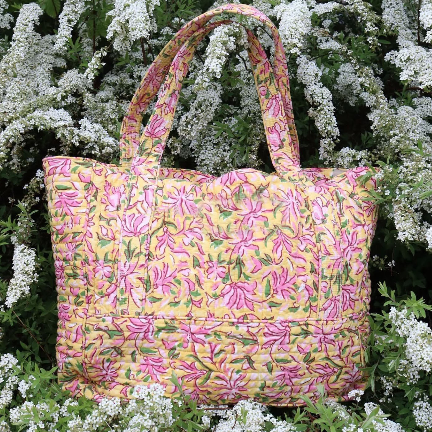 Large Quilted Thai Cotton Shoulder Bag With Flower Pattern