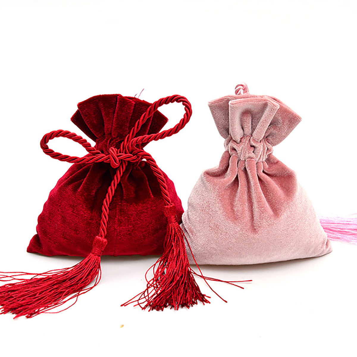Velvet Drawstring Bags With Tassel In Red & Pink