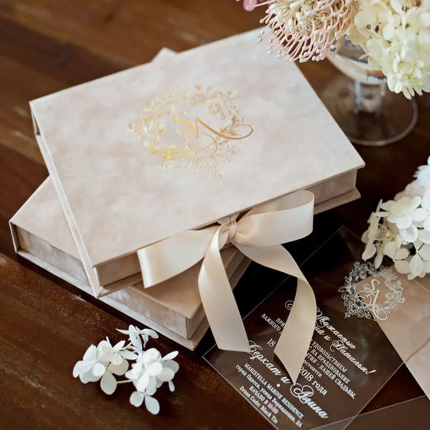 White Paper Invitation Card Box Featuring Gold Foil Stamped Custom