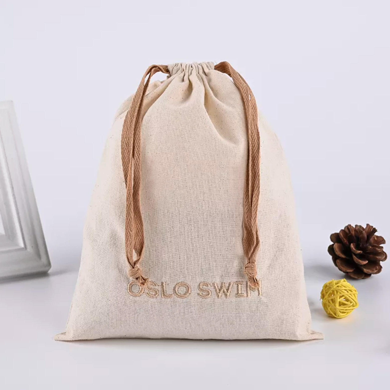 Embroidered Linen Bag With Drawstring Closure