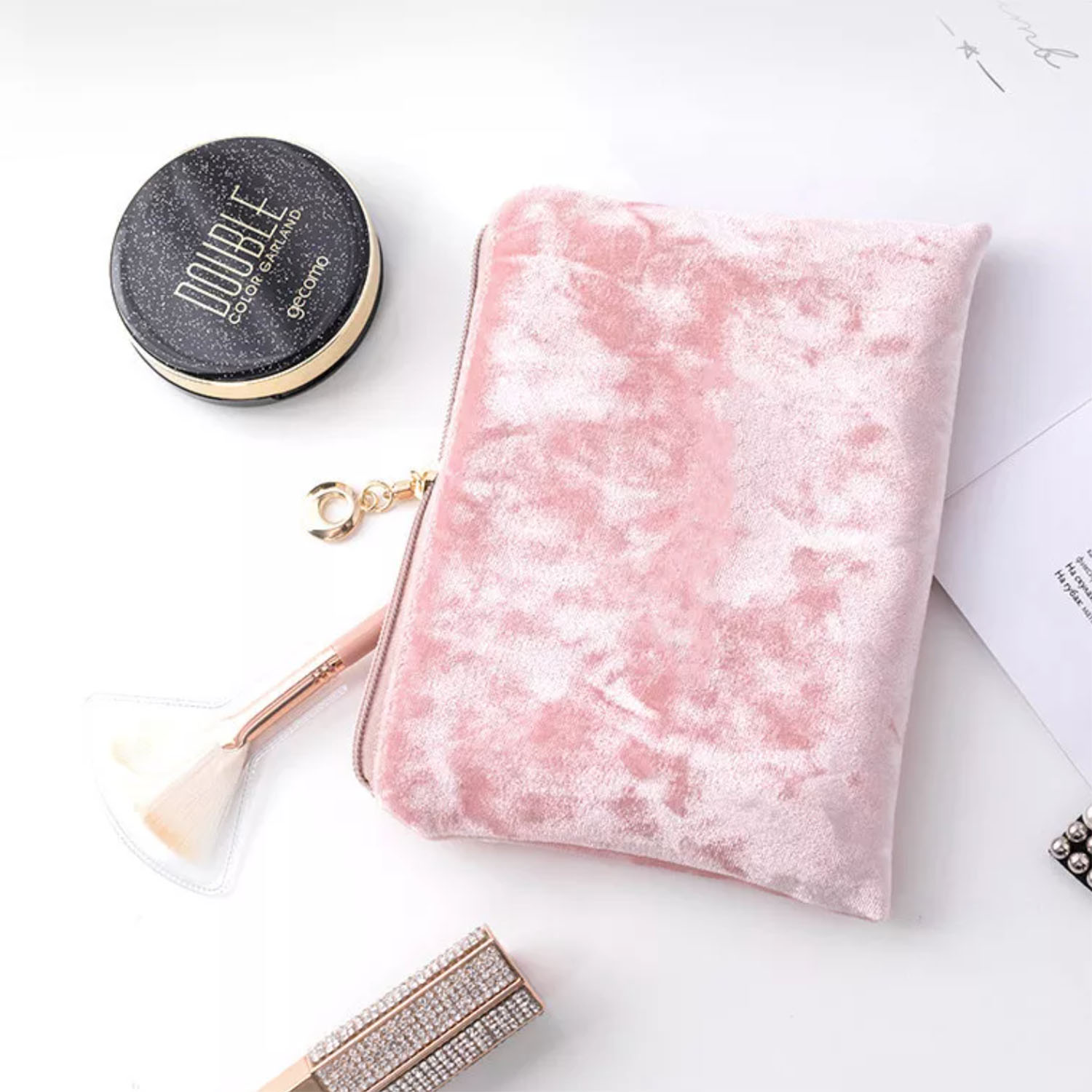 Velvet Embroidered Clutch Bag Blush Pink