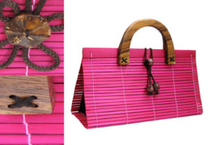 pink bamboo handbag with wooden handle