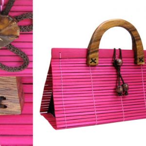 pink bamboo handbag with wooden handle