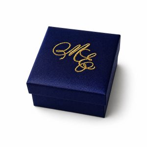 Custom gold embroidered navy blue silk wedding favor box