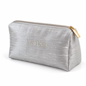 Silver grey Thai dupioni silk cosmetic bag with MONA embroidery, gold YKK zipper and black cotton lining