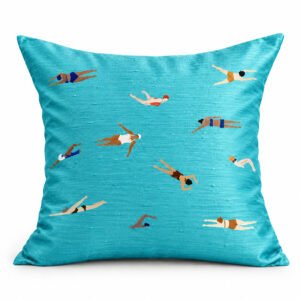 Thai raw silk cushion cover with swimmer DTF print, handmade in Chiang Mai