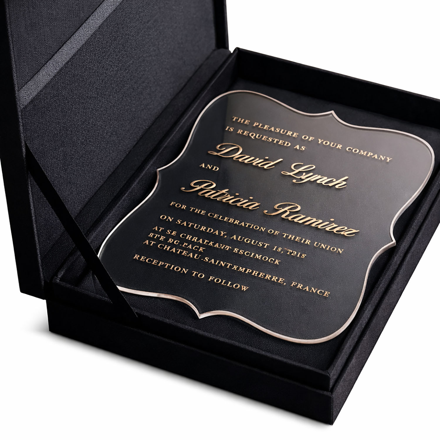 Black hinged lid silk box for acrylic invitation cards