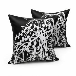 Black silk cushion with modern white art print