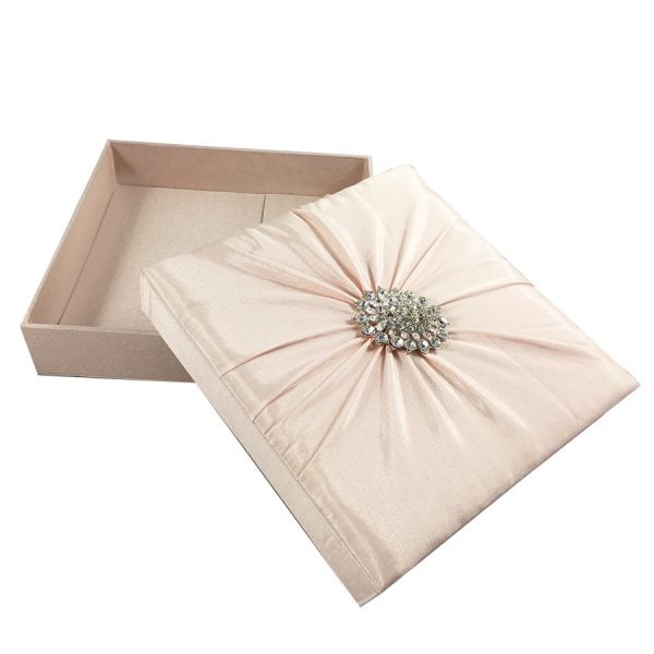 Brooch embellished blush pink boxed wedding invitation