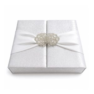 brooch embellished white brocade silk invitation box