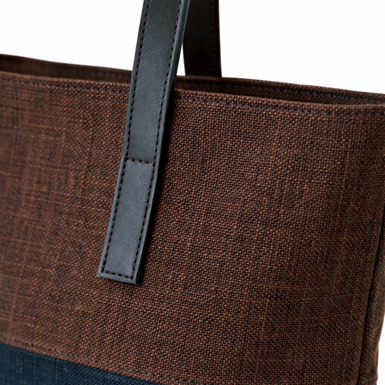 Close-up picture hemp tote bag with leather handle