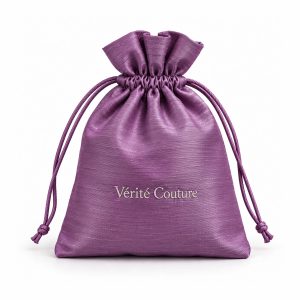 urple faux silk drawstring pouch with custom Vérité Couture logo embroidery for luxury jewelry and gift packaging.