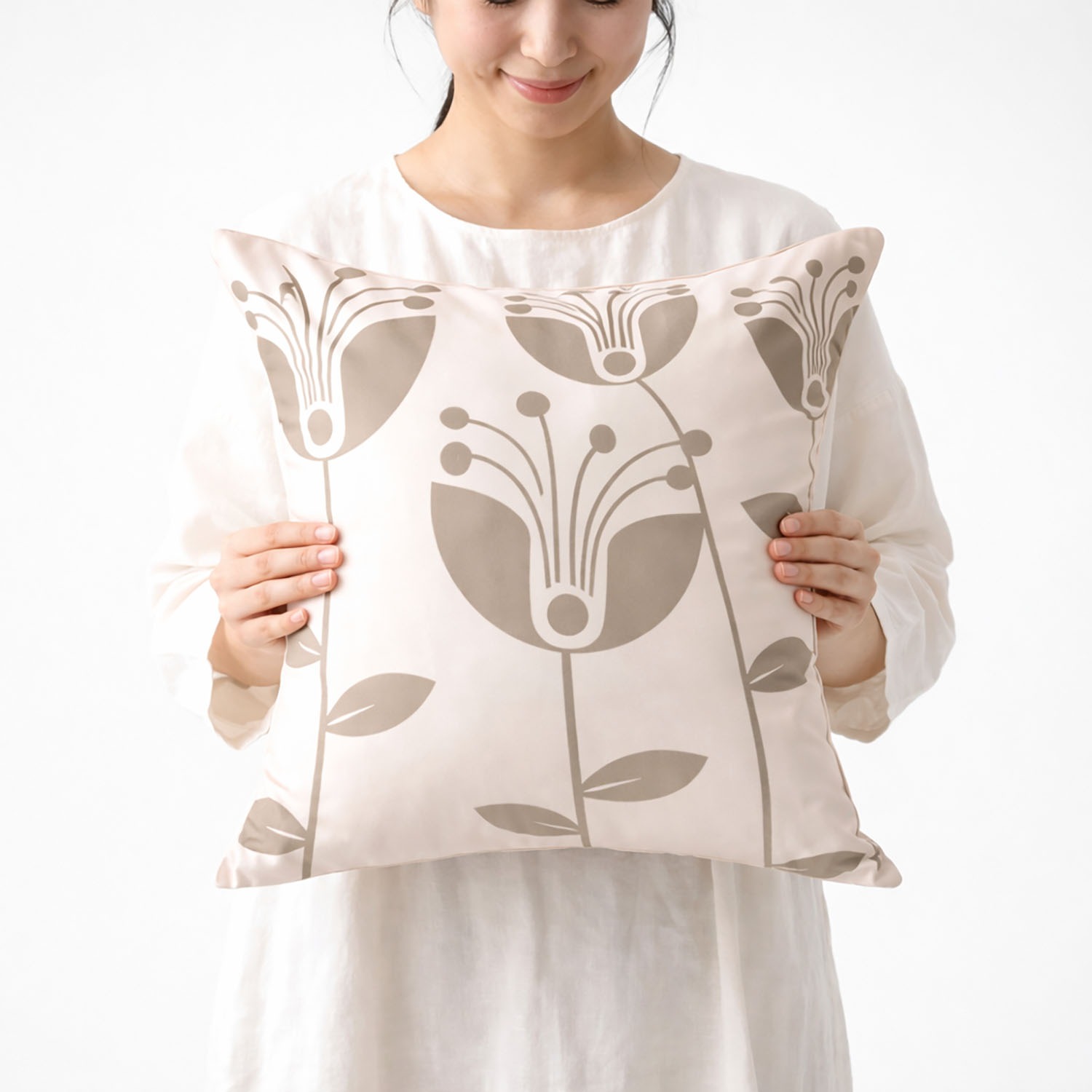 Custom floral printed off-white Thai silk cushion