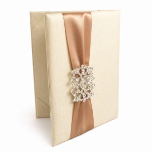 Rhinestone Brooch embellished silk invitation folio