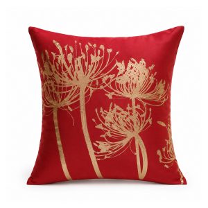 Gold Printed Silk Cushion Cover | Red & Golden Floral Screen Print