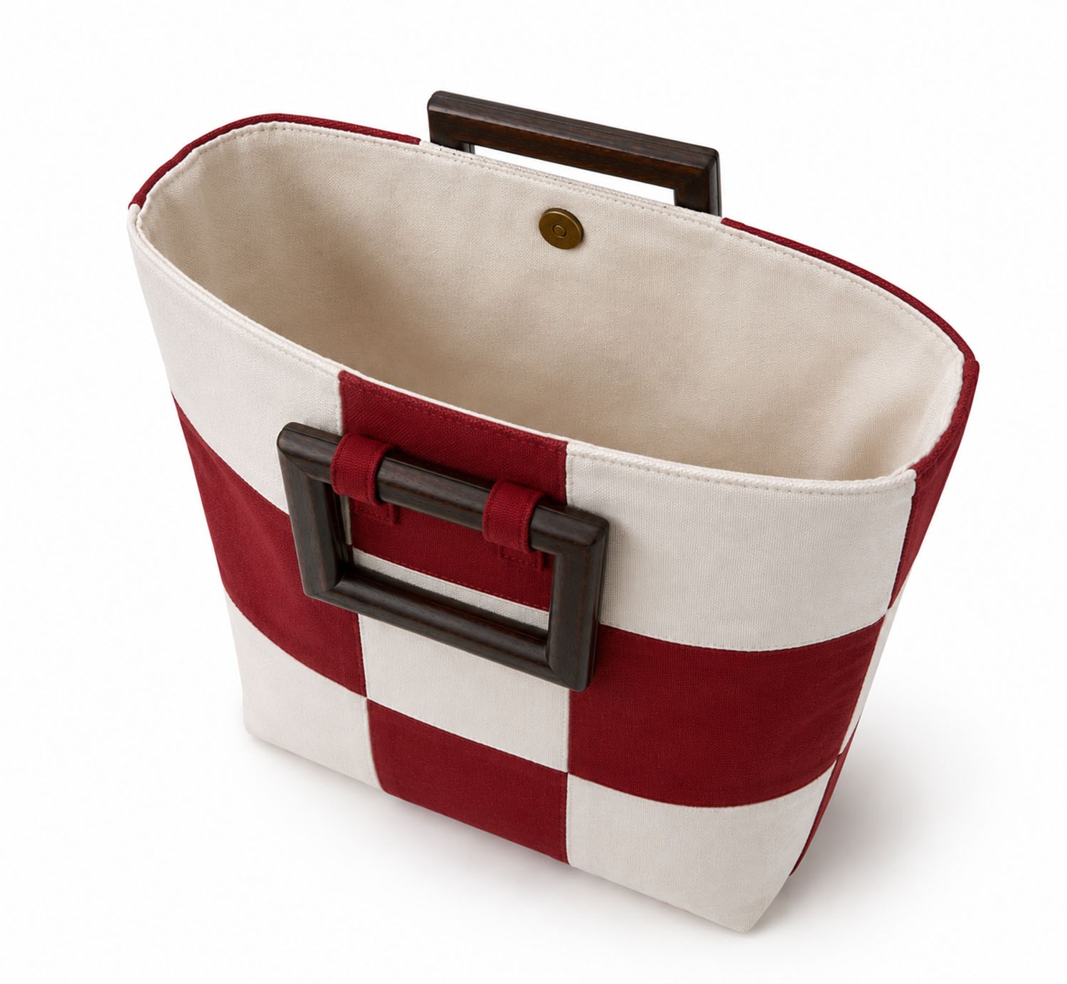 interior red checker cotton tote bag wooden handle