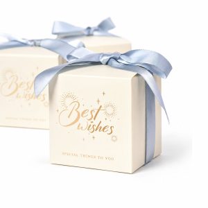 Ivory paper favor box blue ribbon bow gold text print