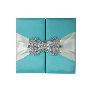 Luxury aqua blue gatefold wedding invitation