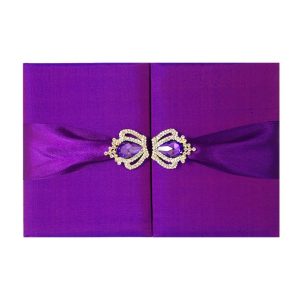 Crown brooch embellished purple gatefold invitation