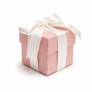 Pink wedding favor paper box with ivory ribbon bow embellishment