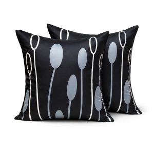 Black Thai Silk Cushion with Modern Nature-Inspired Graphic Print
