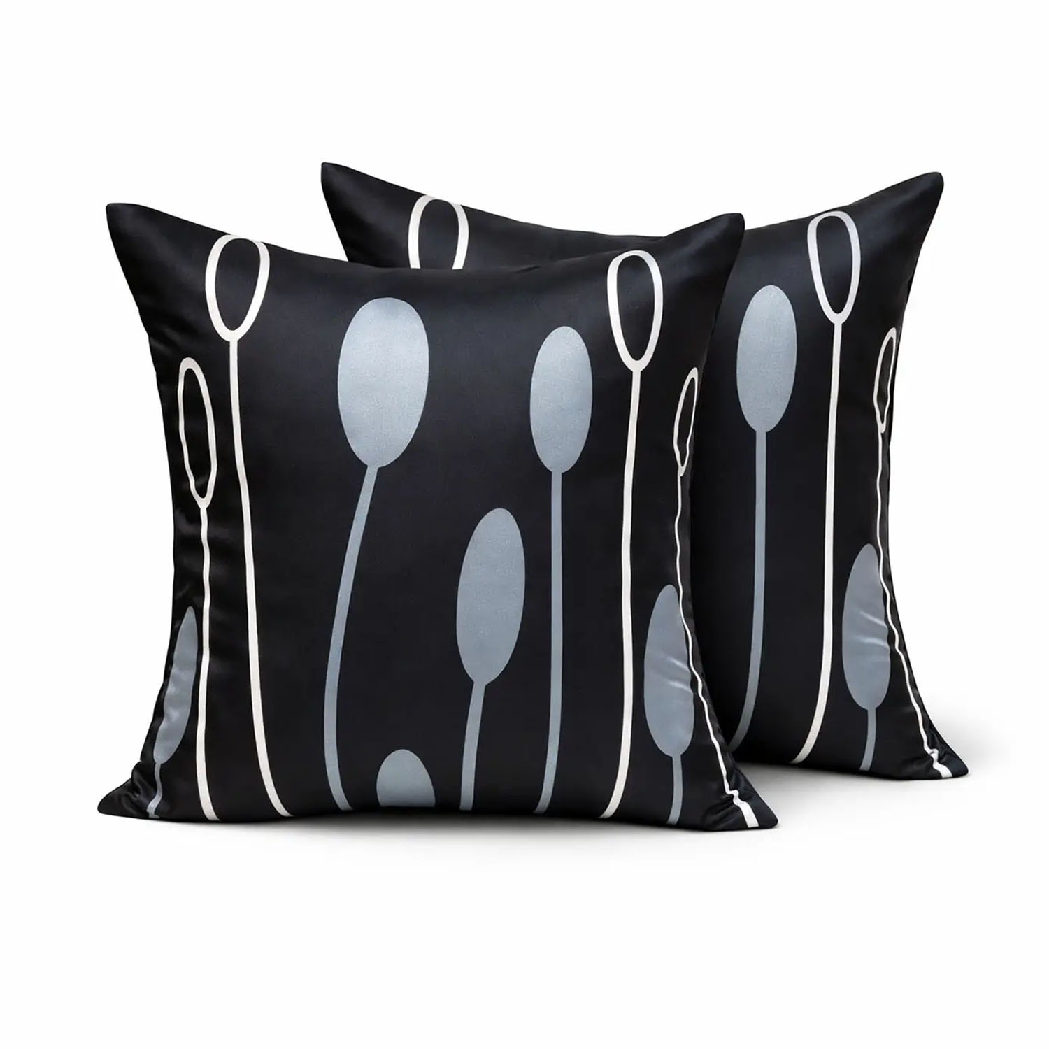 Black Thai Silk Cushion with Modern Nature-Inspired Graphic Print