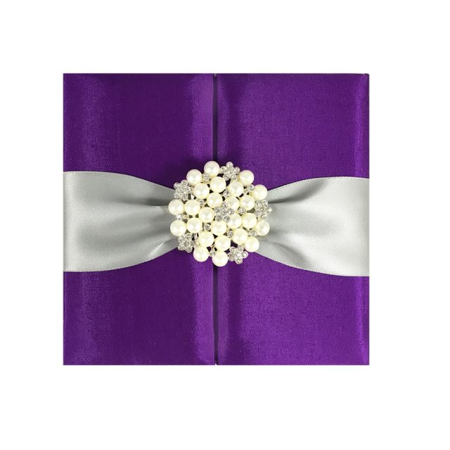 Pearl brooch embellished silk gatefold invitation folio