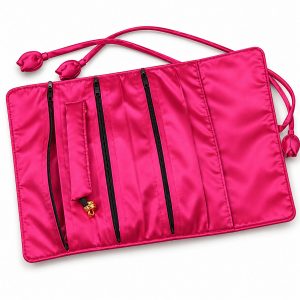 solid pink silk jewelry roll with compartments