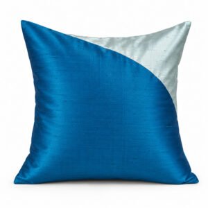 Contemporary two-tone Thai silk cushion cover in teal and medium blue, handmade in Chiang Mai