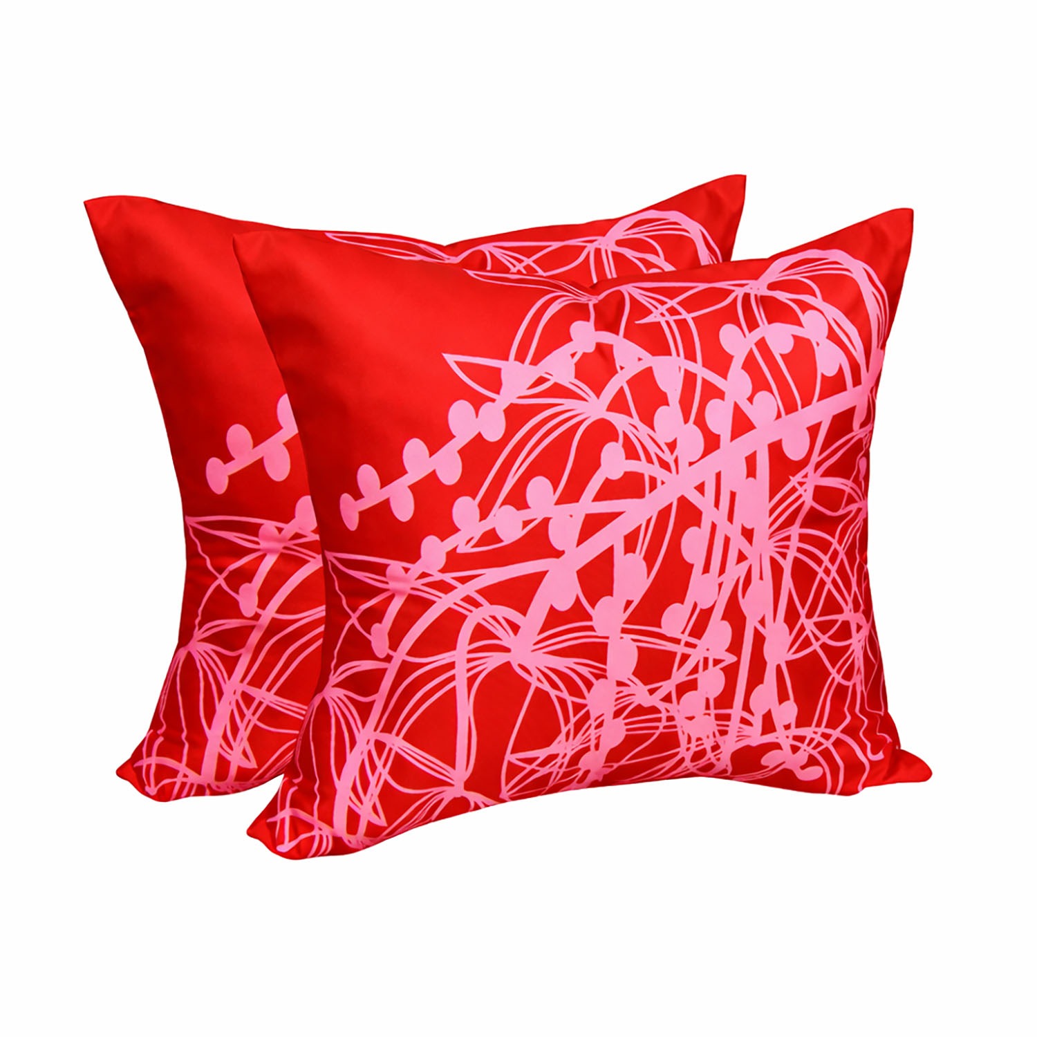 Vibrant red silk cushion cover with pink graphic print