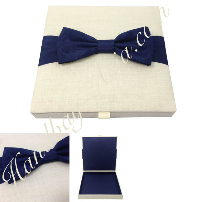 Linen wedding invitation box with silk bow