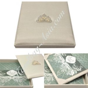 Crown pearl brooch embellished square shape wedding invitation box in 7x7x1 inches