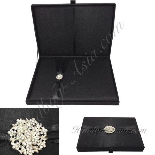 Large Black Box With Embellishment & Removable Silk Insert For Wedding Invitation Cards