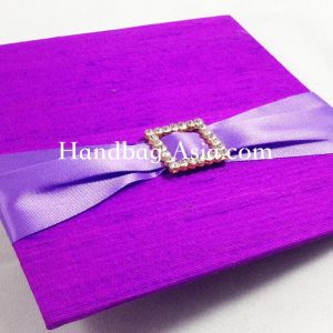 Violet Dupioni Silk Wedding Card With Golden Rhinestone Buckle