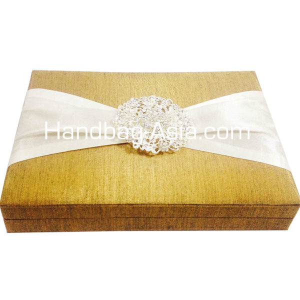 Faux Silk Box In Gold With Hinged Lid For Wedding Invitation Cards