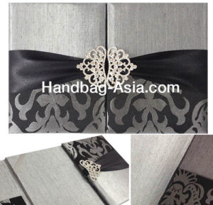 Silver & Black Brocade Silk Folio Invitations With Crown Pair Crystal Brooch