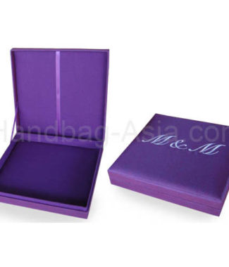 Purple monogram embroidered wedding box with padding and hinged lid for cards