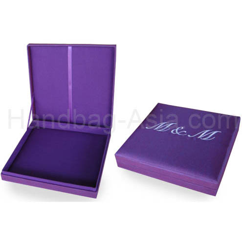 Purple monogram embroidered wedding box with padding and hinged lid for cards