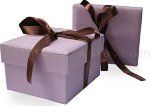 Orchid color silk box with removable lid and brown ribbon bow