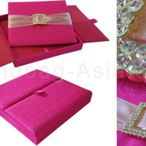Deep pink Thai silk box for wedding invitation with removable pad