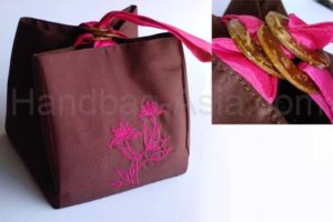 brown silk bag with fuchsia pink embroidery