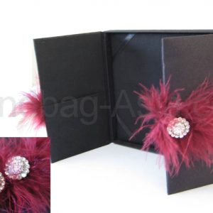 black wedding box covered with silk, embellished with feather embellishment