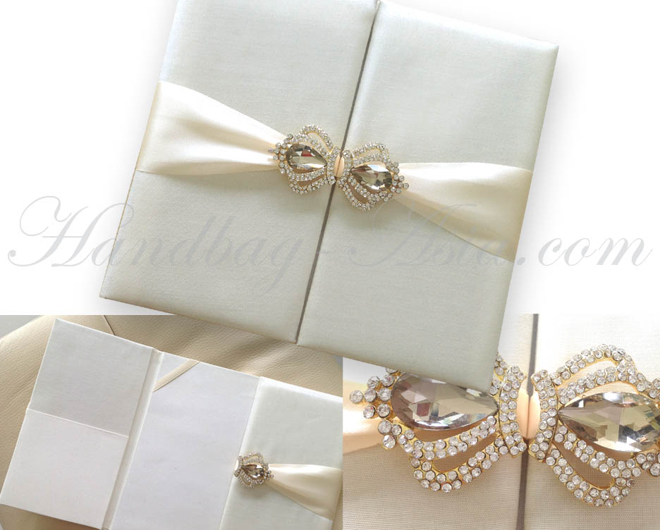 Ivory Pearl Brooch Lace Wedding Invitation With Sash