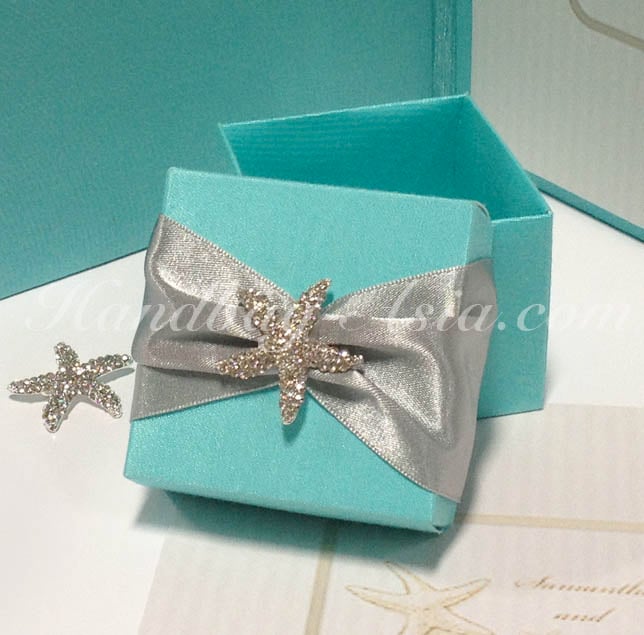 Tiffany Blue Silk Beach Wedding Favour Box With Starfish Rhinestone