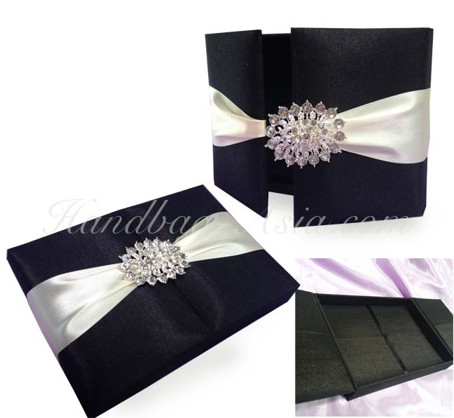 Black Wedding Box Covered In Silk With Silver Crystal Brooch