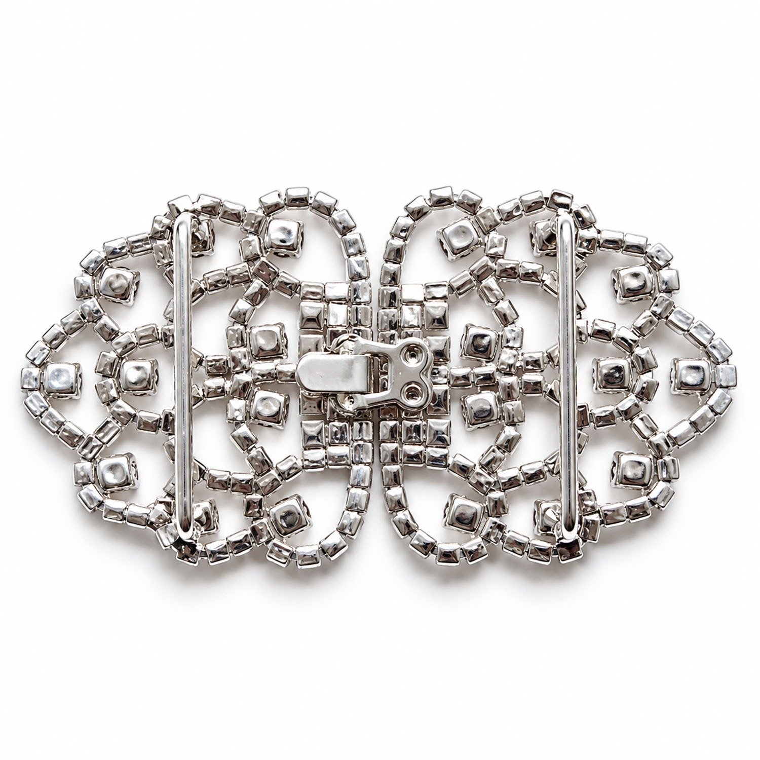 Back view of silver crystal interlock clasp showing ribbon attachment bars and locking mechanism