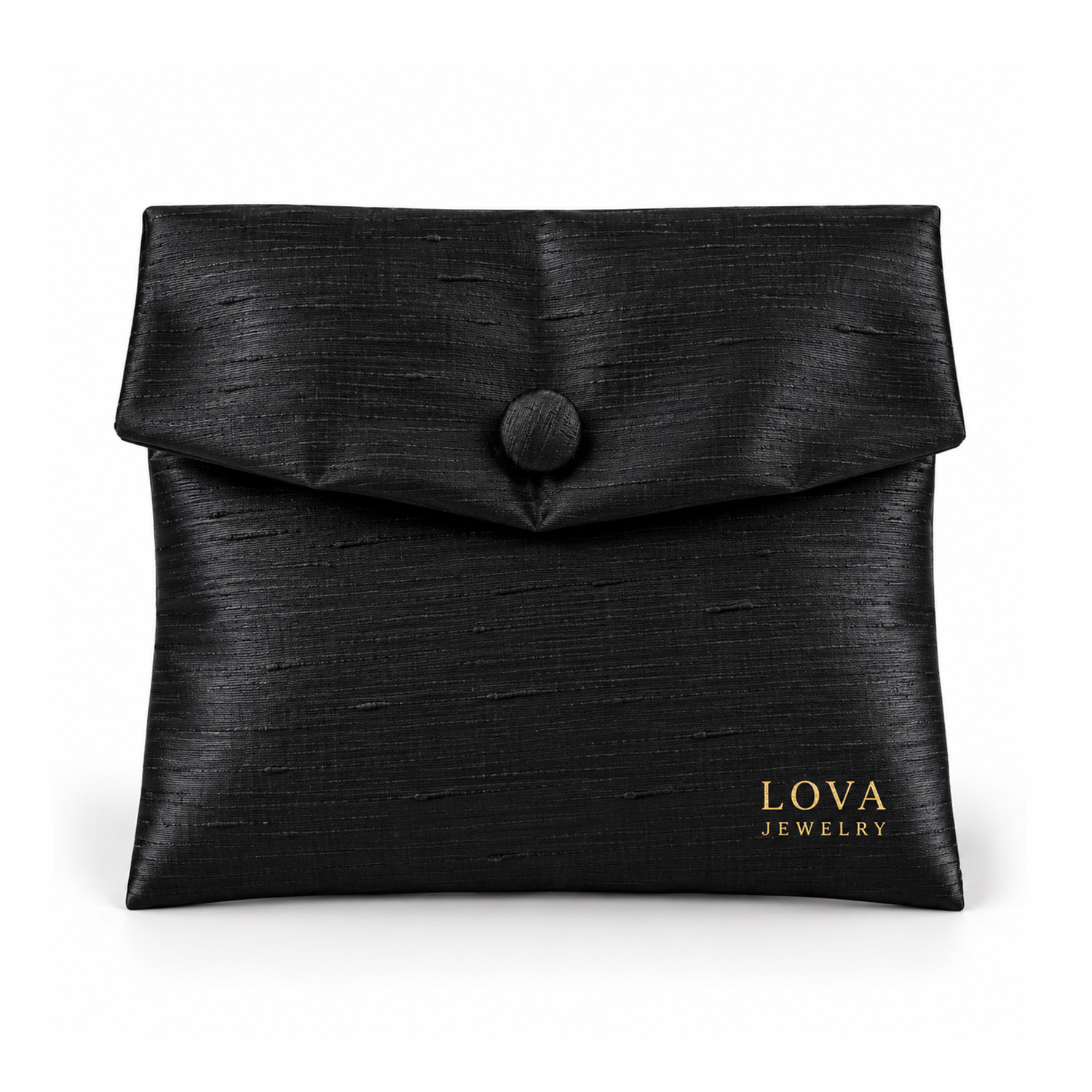 Black silk jewelry envelope pouch with gold logo printing and fabric-covered button closure