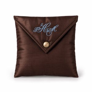 Custom embroidered silk jewelry envelope in dark brown