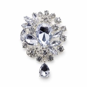 Crystal Floral Drop Brooch with Teardrop Pendant