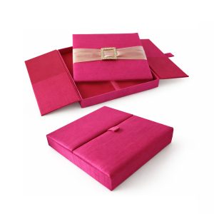 Fuchsia pink silk wedding box with gatefold closure, handcrafted in Thailand